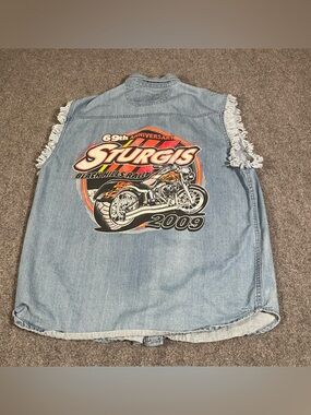 Vintage Sturgis Denim Vest Mens Large Y2K Biker Motorcycle Double Sided Flames